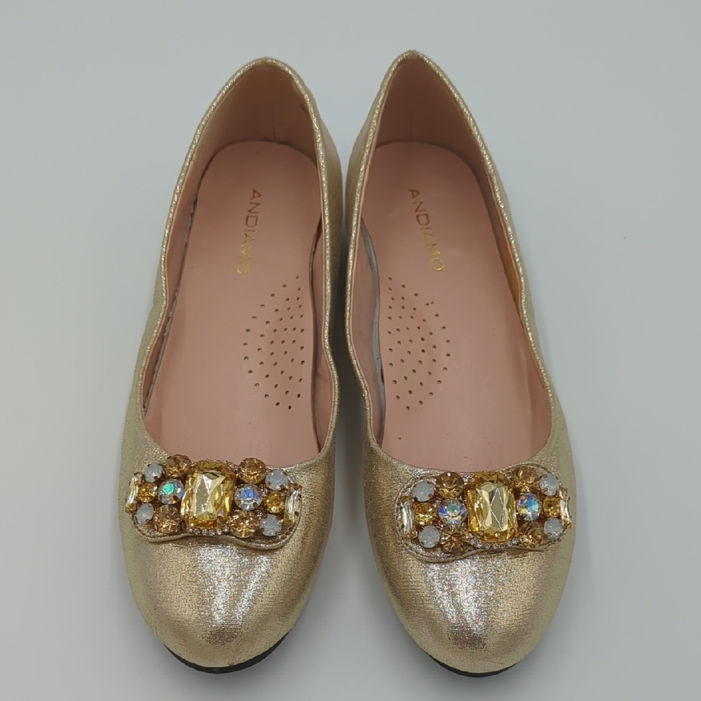 Andiamo‎ Coquette Embellished Ballet Flats Glam Crystal 8W Gold Royal Feminine